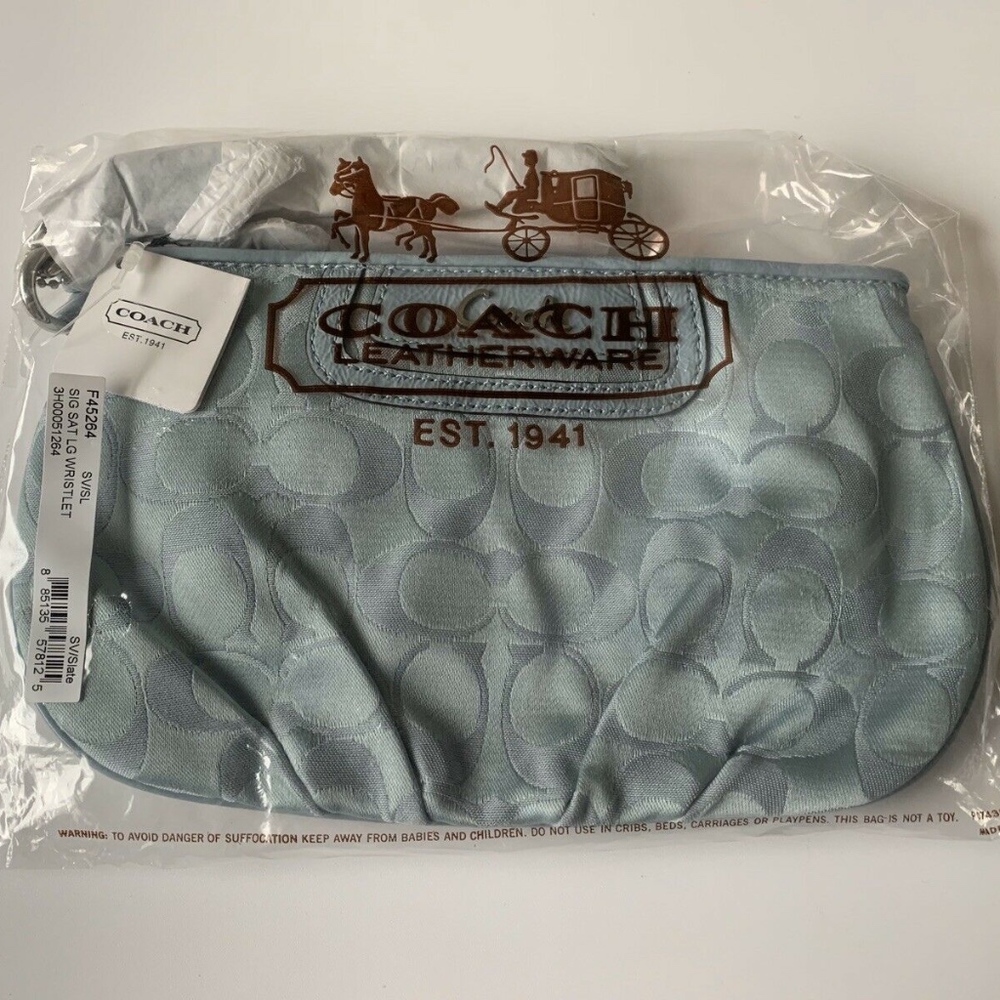 NWT Coach Light Blue Slate Signature Jacquard Canvas Leather Large Wristlet Bag